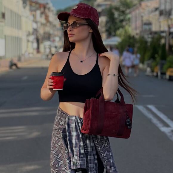 David Jones Corduroy Charm Detail Included Zipper Closure Handbag | Windsor Wine - Picture 13 of 13